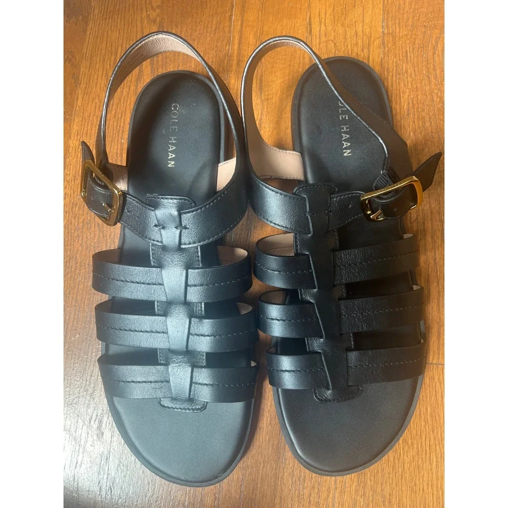 Cole Haan Flynn Fisherman Sandals Black Gold-tone Buckle Size 11
